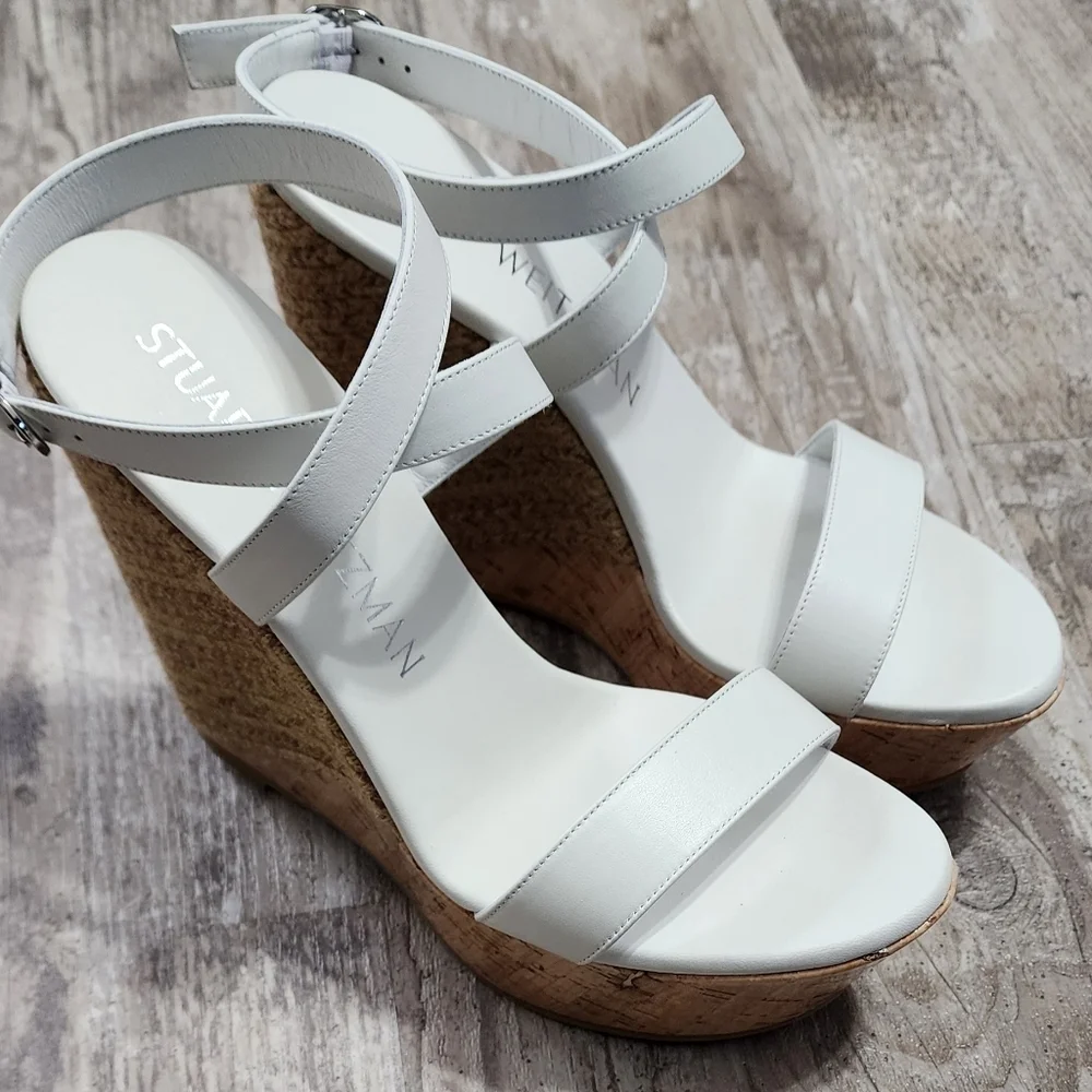 Stuart Weitzman 5050 Wedge Sandal Women's Size 10 White Natural Leather - Picture 7 of 14